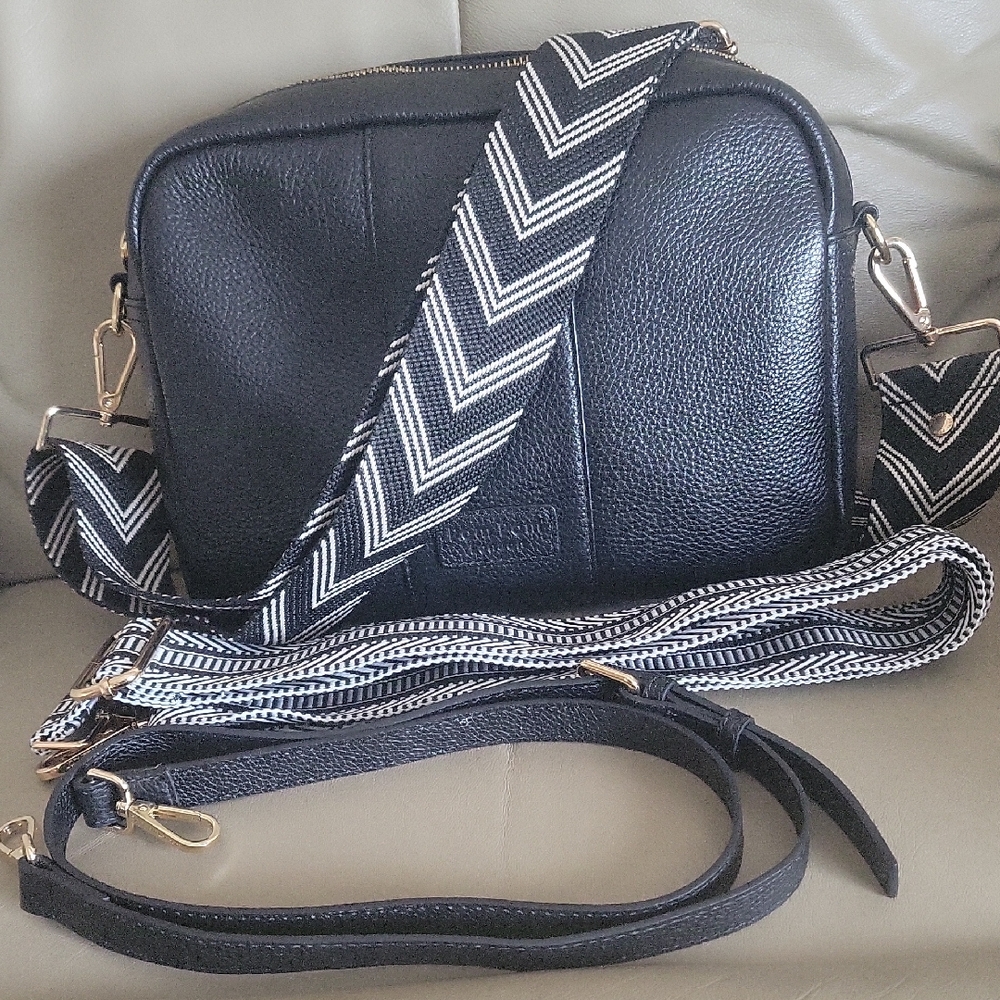 Pom Pom London Black Leather Crossbody Bag with Patterned Strap
